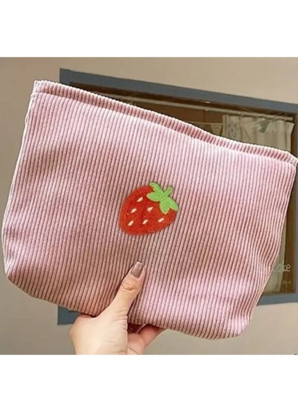 Cosmetic Bag Pink Strawberry Corduroy Makeup Travel Organize Clutch Toiletry